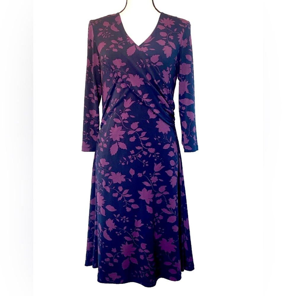 Brooks Brothers Surplice Bodice Faux Wrap Dress Blue w/ Purple Floral Size Mediu